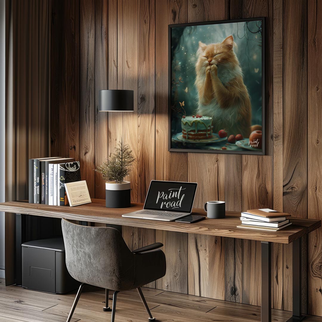 This enchanting digital painting depicts a fluffy orange and white cat with its eyes closed and paw… for office
