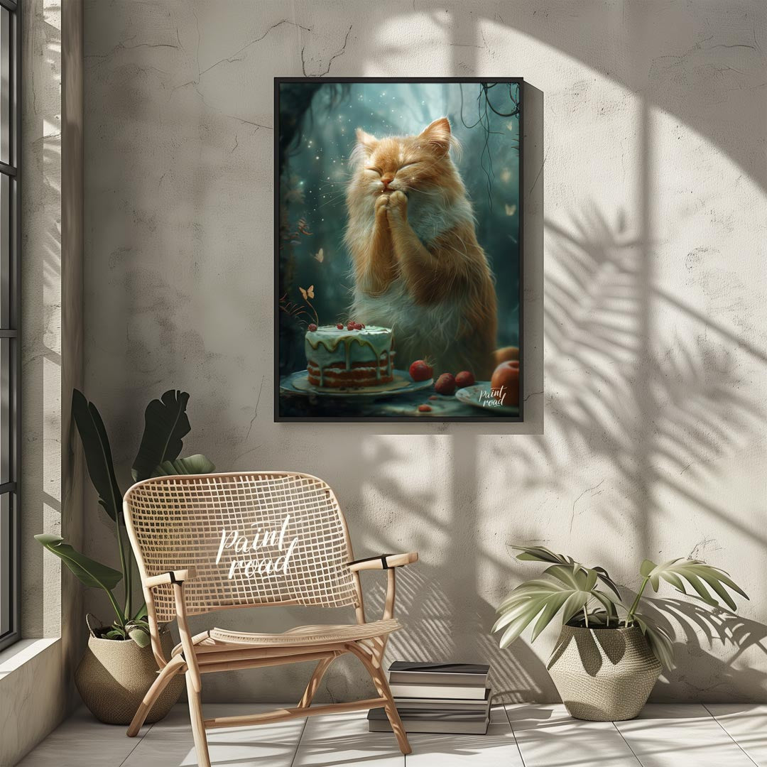 This enchanting digital painting depicts a fluffy orange and white cat with its eyes closed and paw… for other