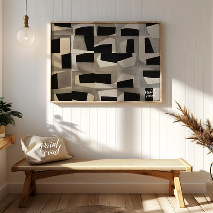 """Grid Fragmentations"" presents a compelling study in geometric abstraction and tonal contrast. T… for entryway
