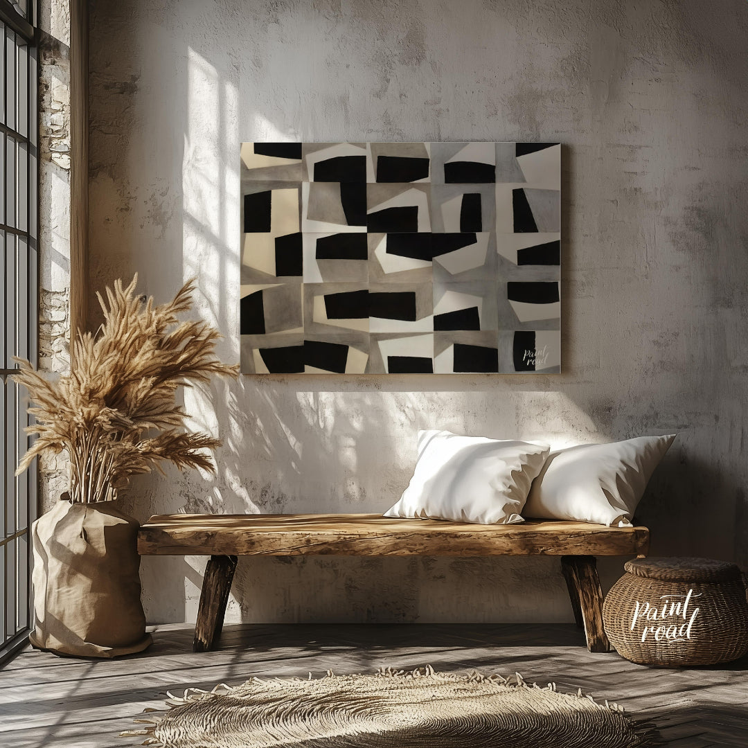 """Grid Fragmentations"" presents a compelling study in geometric abstraction and tonal contrast. T… for entryway