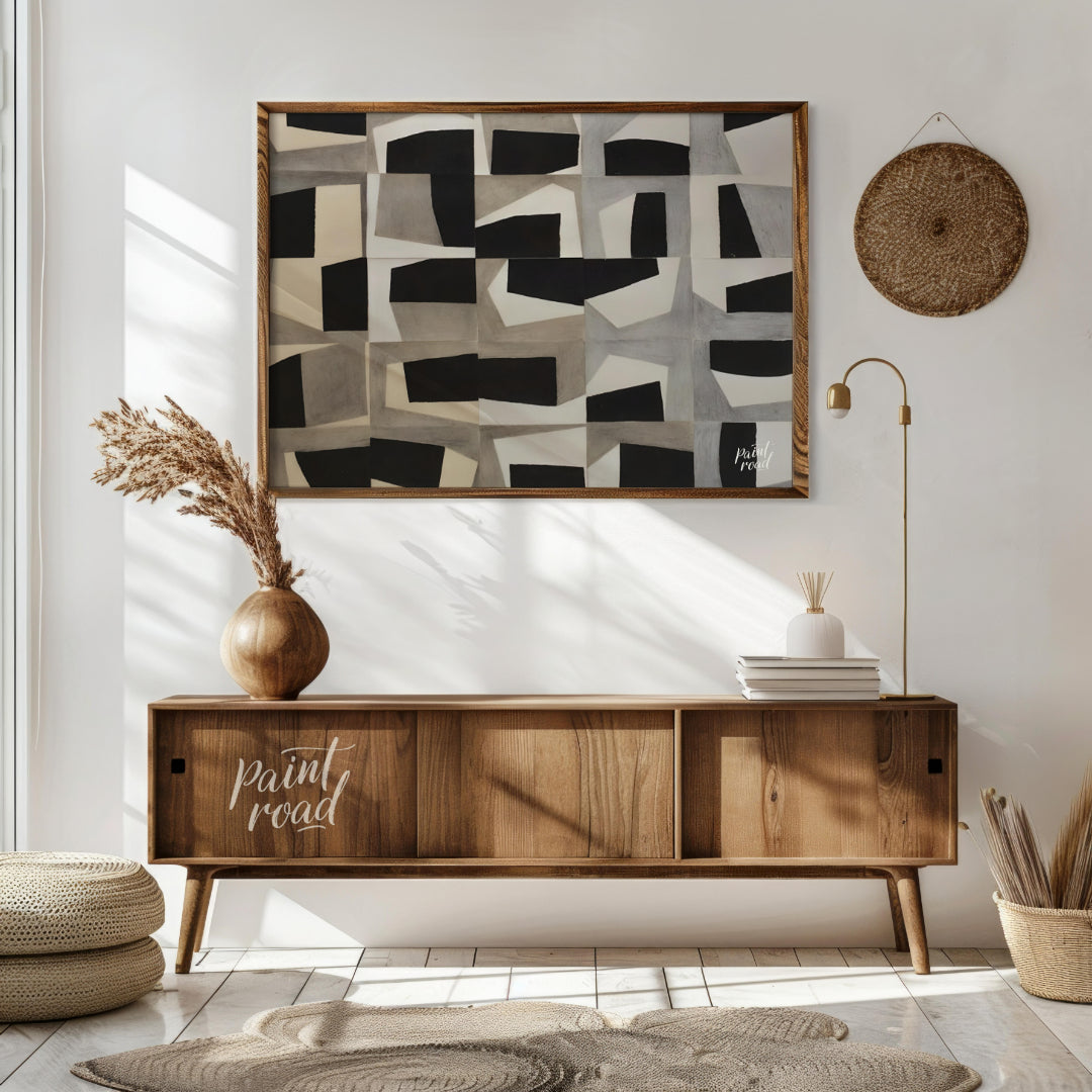 """Grid Fragmentations"" presents a compelling study in geometric abstraction and tonal contrast. T… for living room