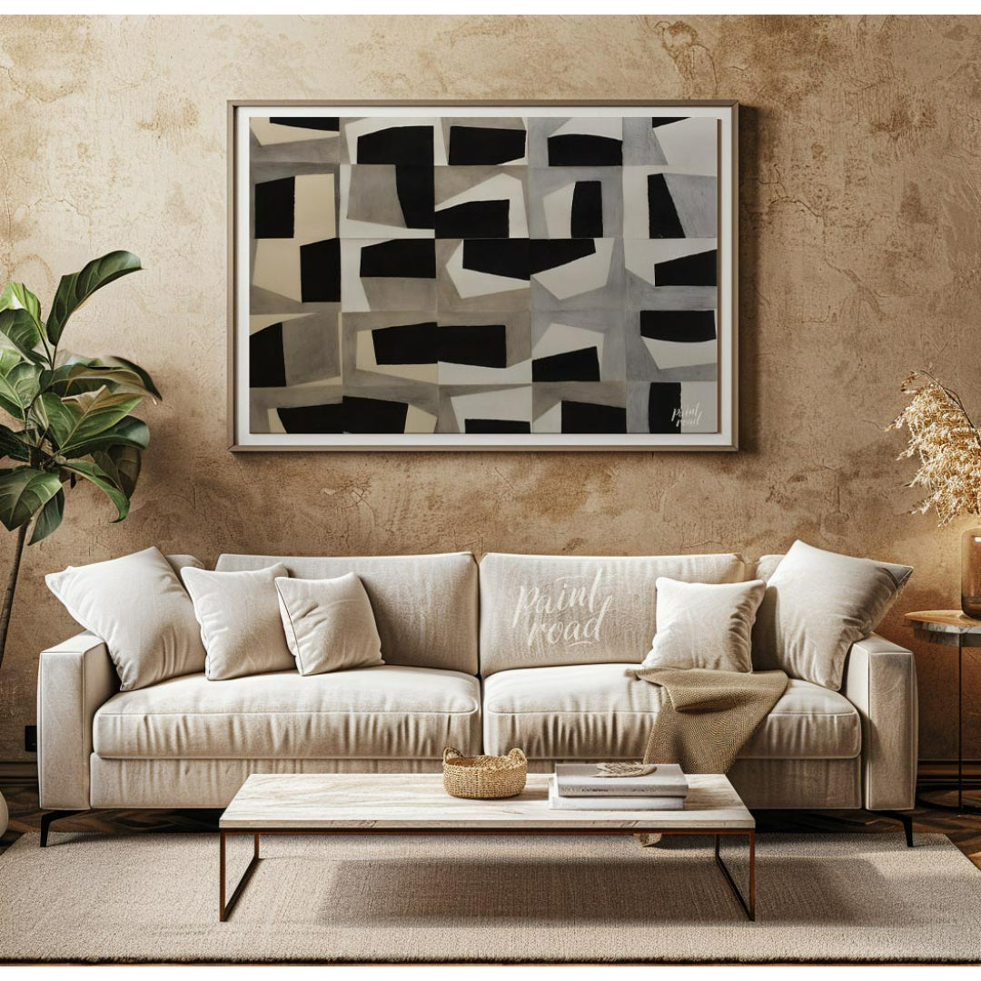 """Grid Fragmentations"" presents a compelling study in geometric abstraction and tonal contrast. T… for living room