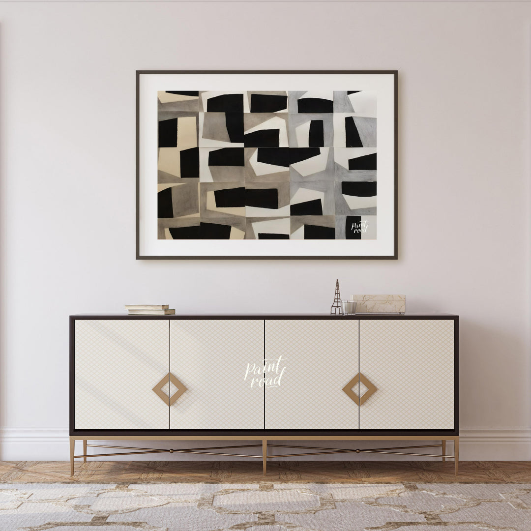 """Grid Fragmentations"" presents a compelling study in geometric abstraction and tonal contrast. T… for living room