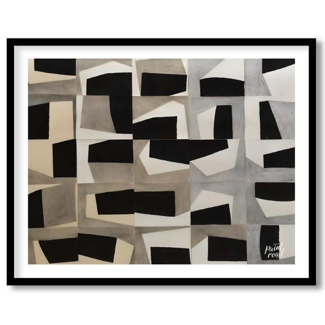 """Grid Fragmentations"" presents a compelling study in geometric abstraction and tonal contrast. T… for space