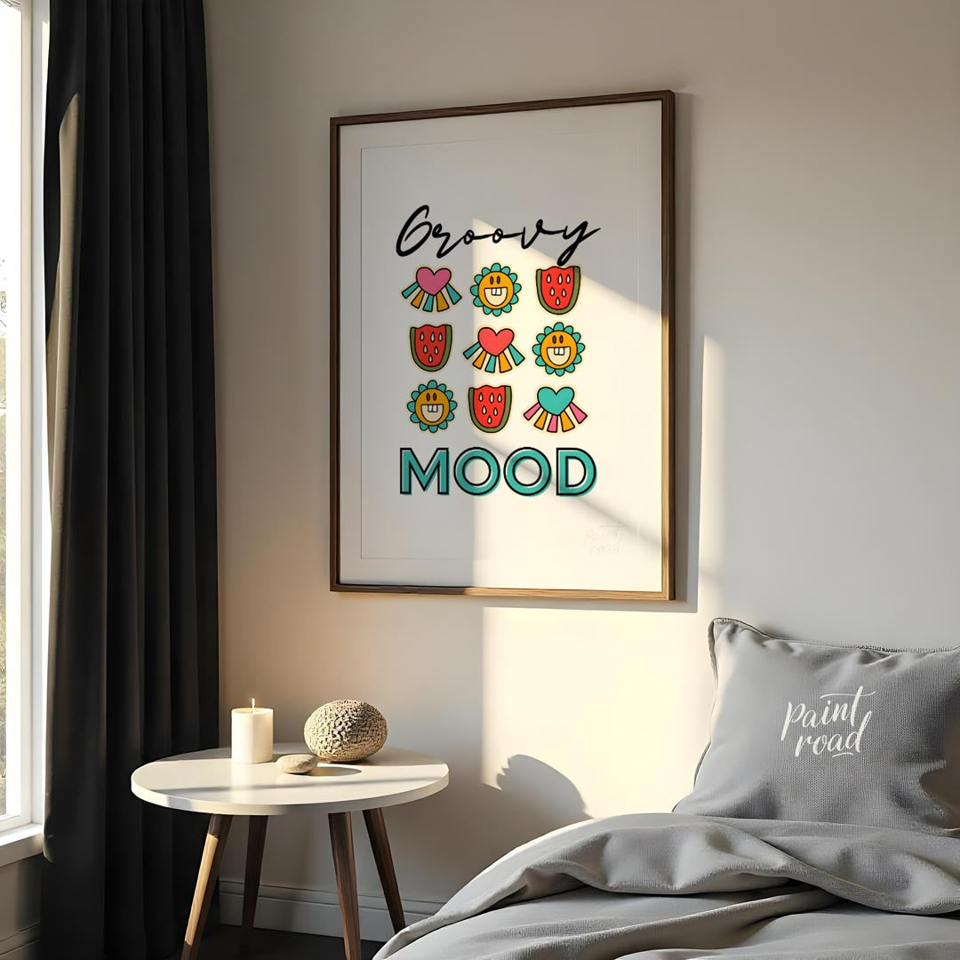 This vibrant and cheerful art print is a celebration of all things “groovy,” featuring a playful gr… for bedroom