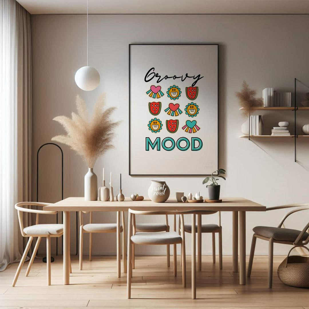 This vibrant and cheerful art print is a celebration of all things “groovy,” featuring a playful gr… for dining room