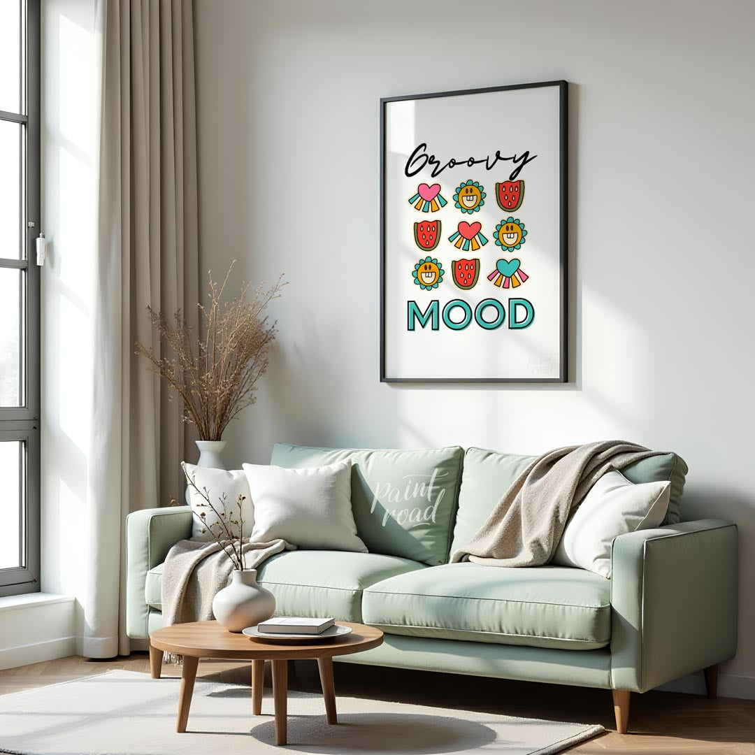 This vibrant and cheerful art print is a celebration of all things “groovy,” featuring a playful gr… for living room