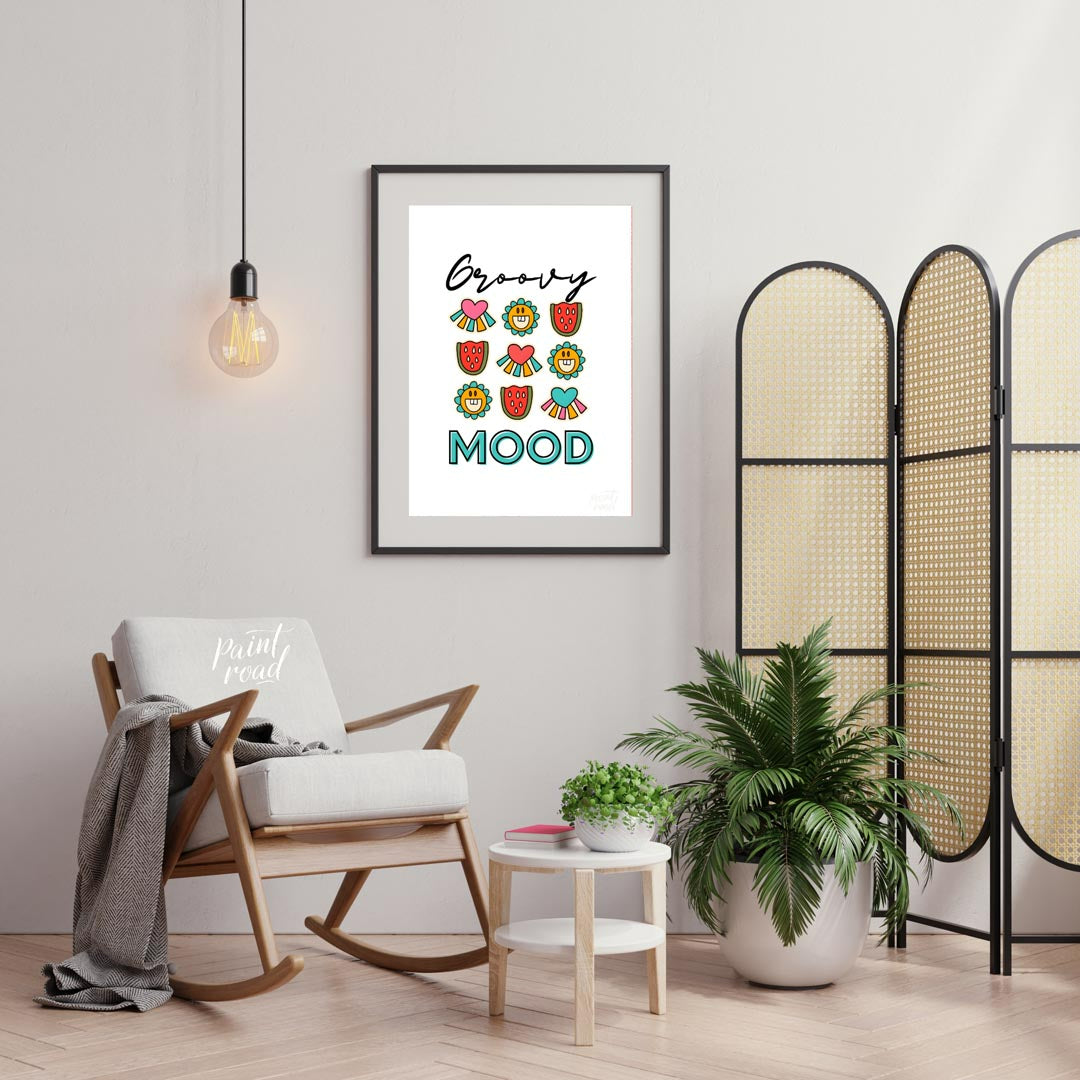 This vibrant and cheerful art print is a celebration of all things “groovy,” featuring a playful gr… for living room