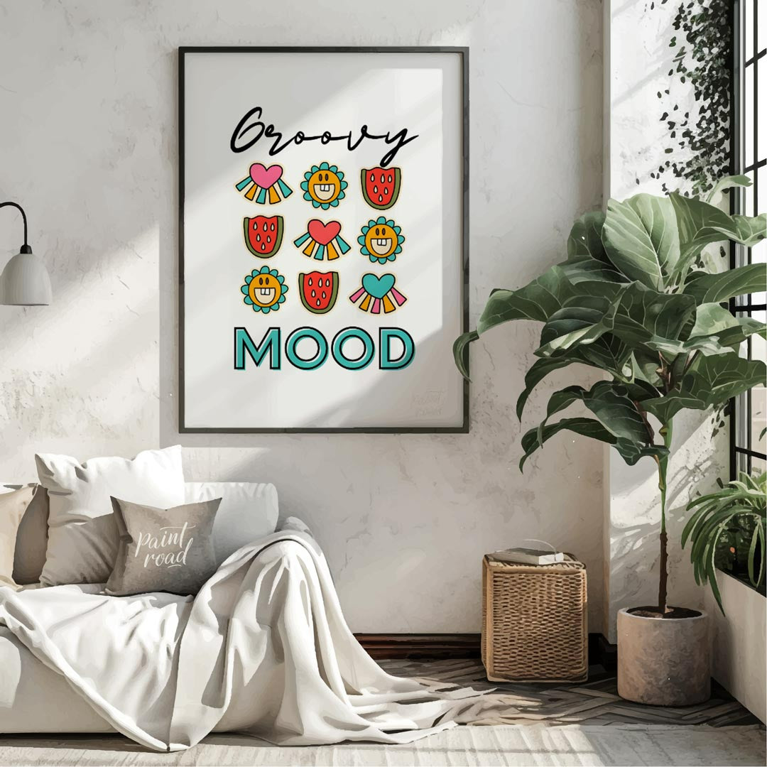 This vibrant and cheerful art print is a celebration of all things “groovy,” featuring a playful gr… for living room