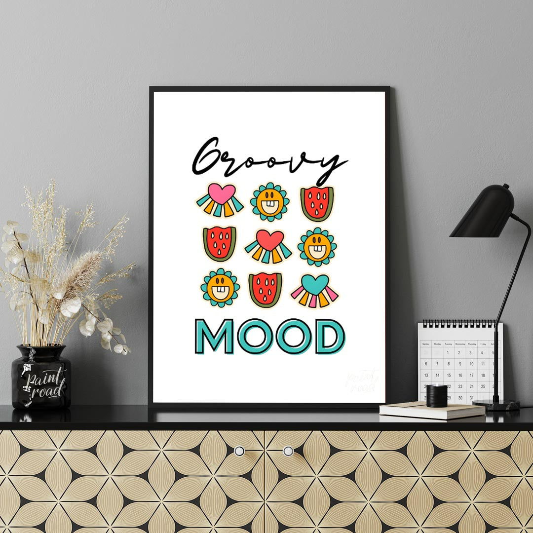 This vibrant and cheerful art print is a celebration of all things “groovy,” featuring a playful gr… for office