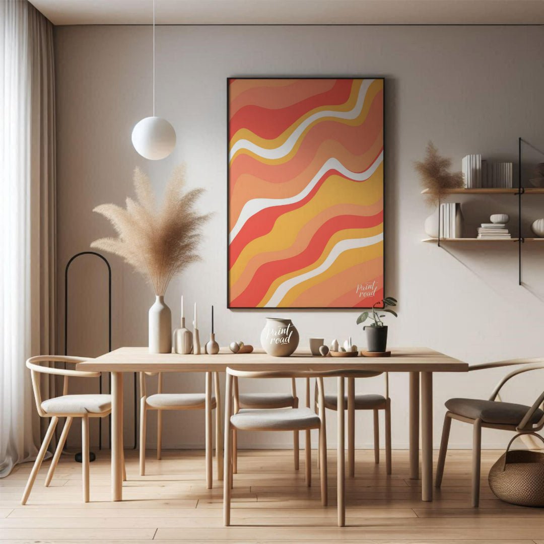 This vibrant and dynamic art print features an abstract composition of flowing, wavy lines in shade… for dining room