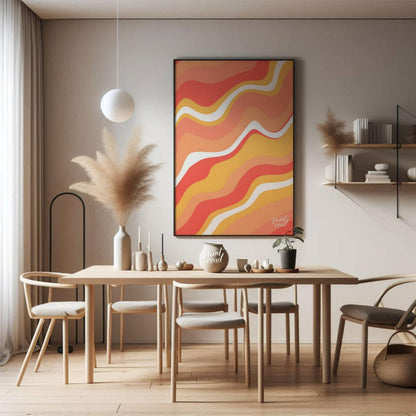This vibrant and dynamic art print features an abstract composition of flowing, wavy lines in shade… for dining room
