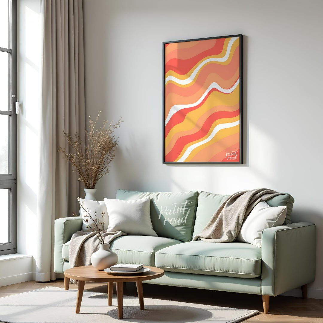 This vibrant and dynamic art print features an abstract composition of flowing, wavy lines in shade… for living room