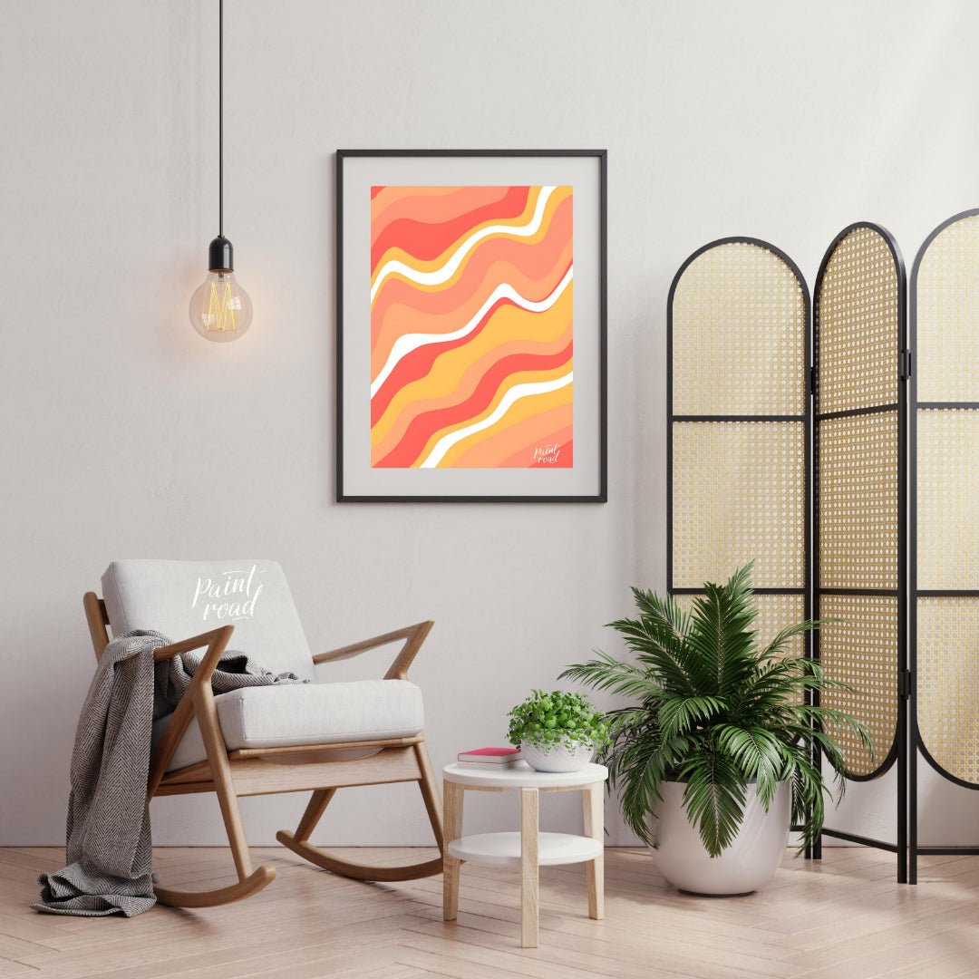 This vibrant and dynamic art print features an abstract composition of flowing, wavy lines in shade… for living room