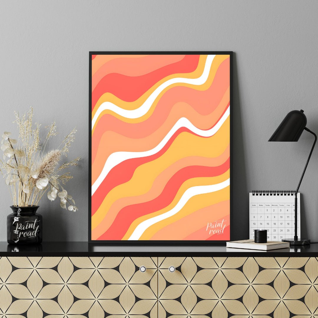 This vibrant and dynamic art print features an abstract composition of flowing, wavy lines in shade… for office