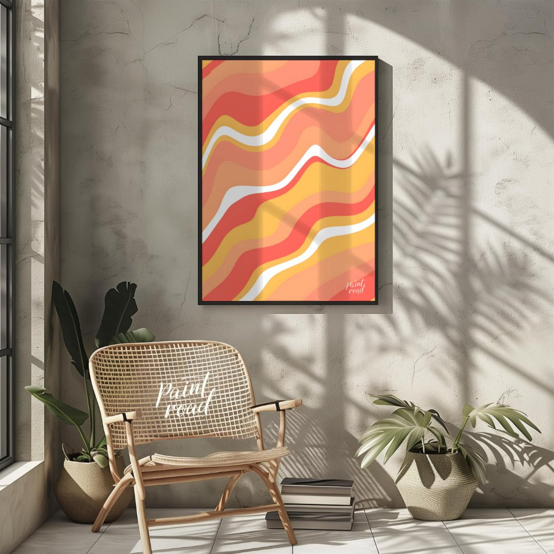 This vibrant and dynamic art print features an abstract composition of flowing, wavy lines in shade… for other