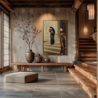 This captivating artwork depicts a moment steeped in cultural history, showcasing intricate for Hall