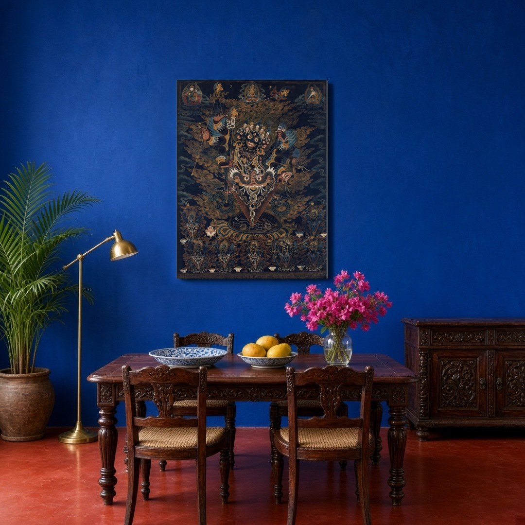 Immerse yourself in the dynamic energy of this exquisite Thangka artwork, where a wrathful deity for Dining