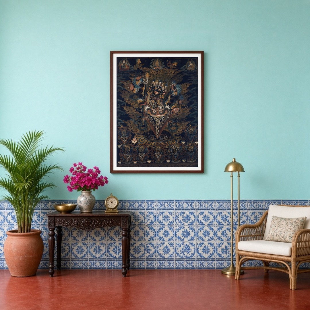 Immerse yourself in the dynamic energy of this exquisite Thangka artwork, where a wrathful deity for Entrance