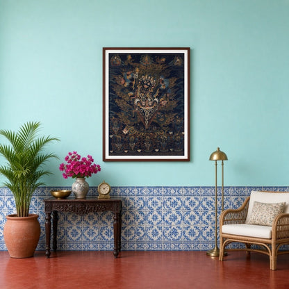 Immerse yourself in the dynamic energy of this exquisite Thangka artwork, where a wrathful deity for Entrance