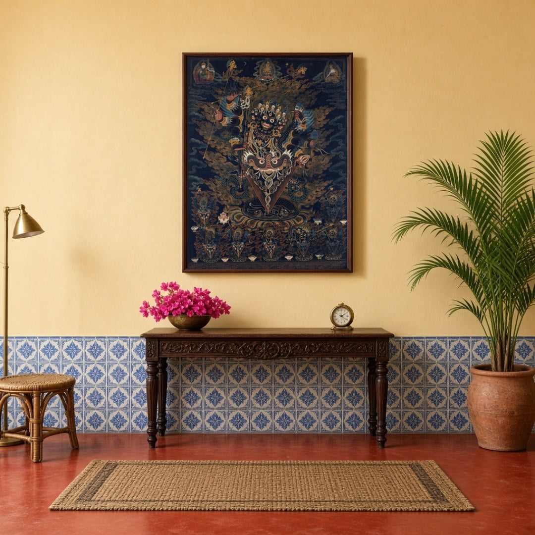 Immerse yourself in the dynamic energy of this exquisite Thangka artwork, where a wrathful deity for Hallway