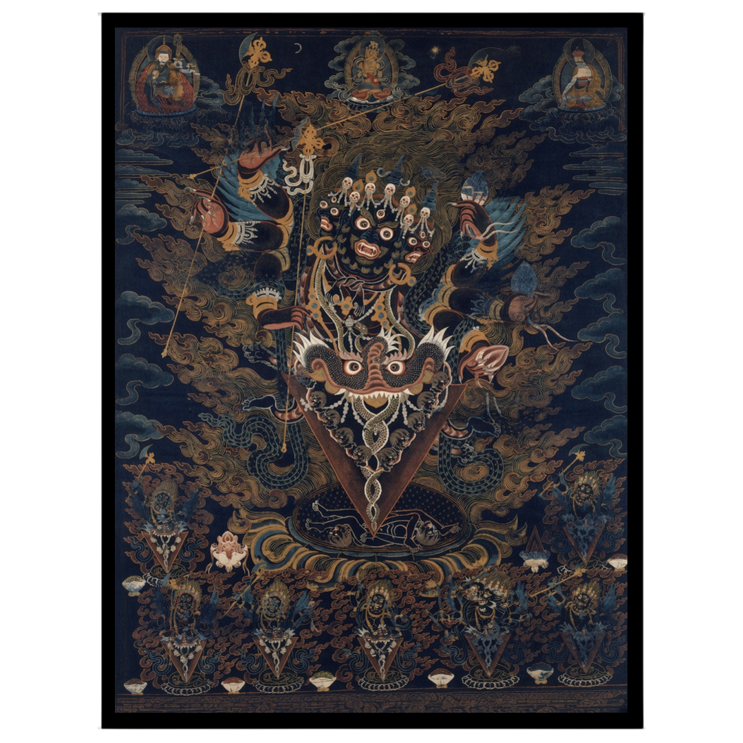 Immerse yourself in the dynamic energy of this exquisite Thangka artwork, where a wrathful deity for home