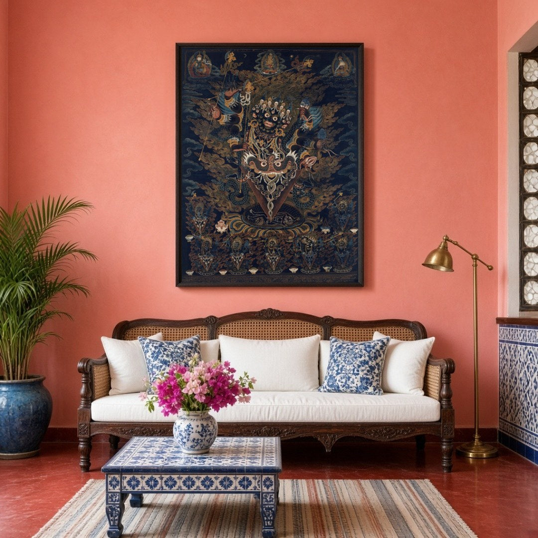 Immerse yourself in the dynamic energy of this exquisite Thangka artwork, where a wrathful deity for Living Room
