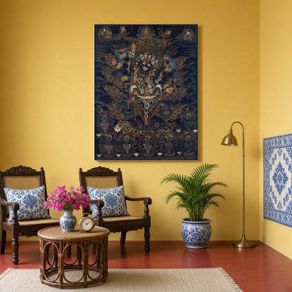 Immerse yourself in the dynamic energy of this exquisite Thangka artwork, where a wrathful deity for Sitting Area