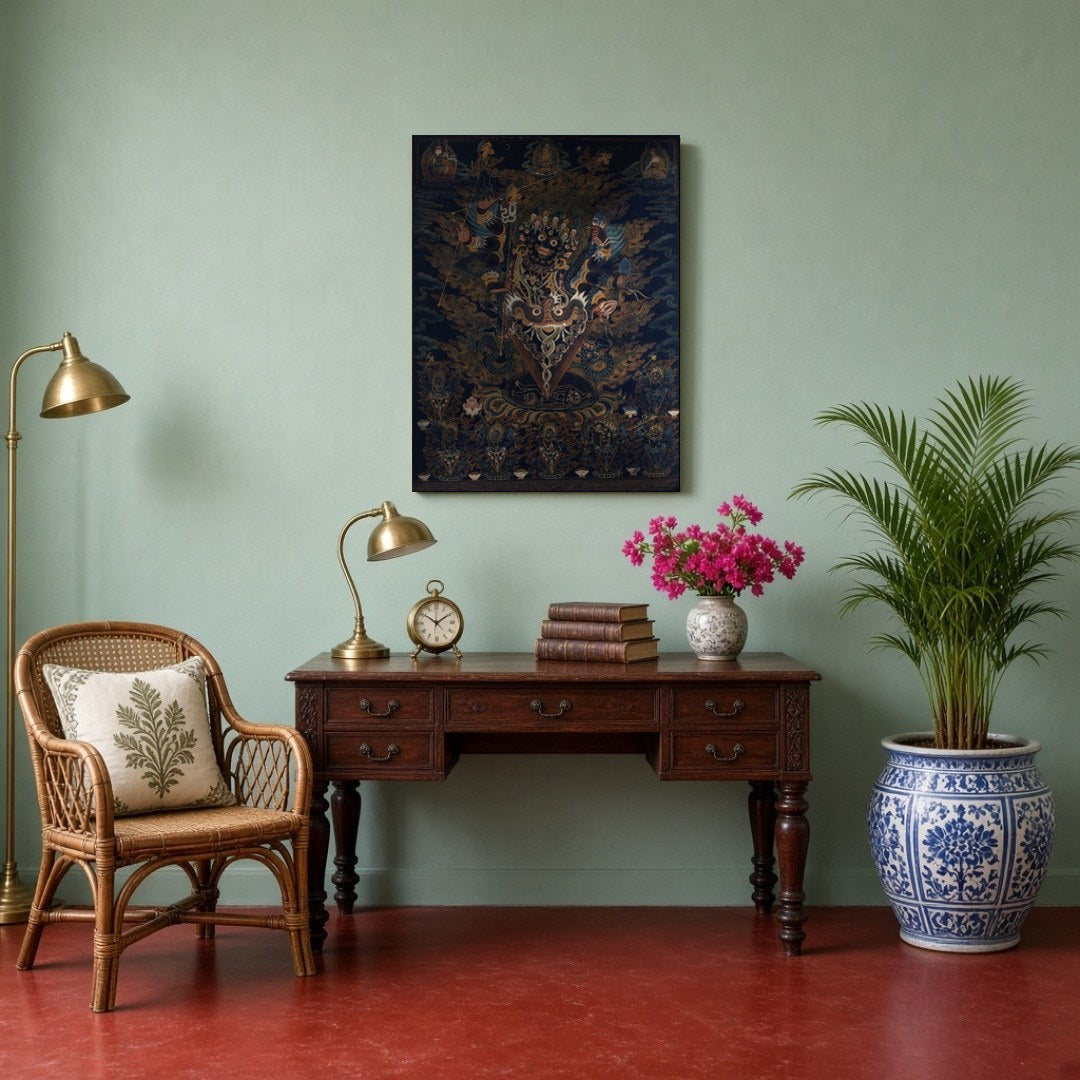 Immerse yourself in the dynamic energy of this exquisite Thangka artwork, where a wrathful deity for Study