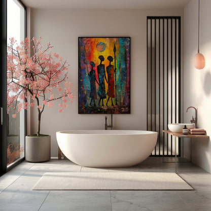 A vibrant and expressive painting depicting three figures walking through a moonlit landscape. The … for bathroom