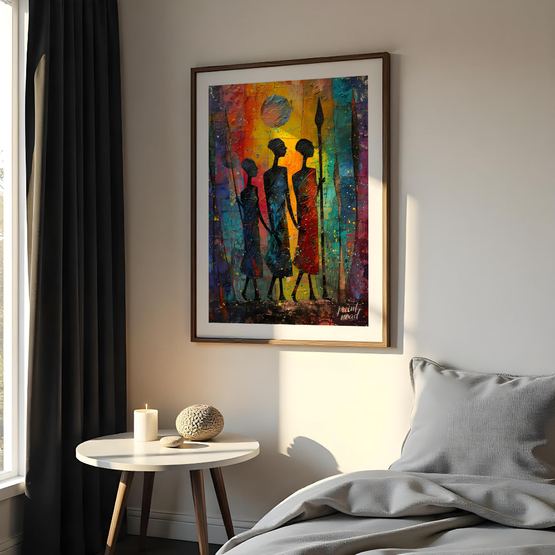 A vibrant and expressive painting depicting three figures walking through a moonlit landscape. The … for bedroom
