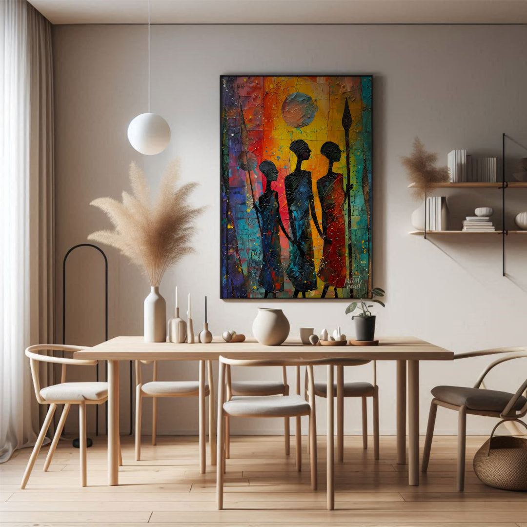 A vibrant and expressive painting depicting three figures walking through a moonlit landscape. The … for dining room