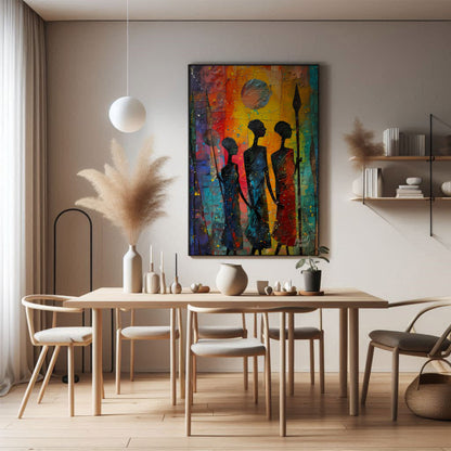 A vibrant and expressive painting depicting three figures walking through a moonlit landscape. The … for dining room