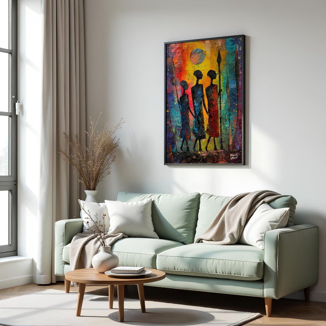 A vibrant and expressive painting depicting three figures walking through a moonlit landscape. The … for living room