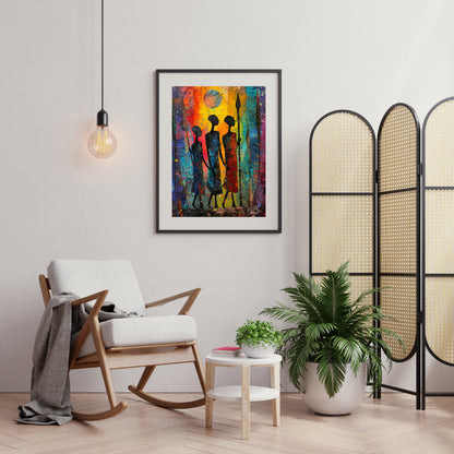 A vibrant and expressive painting depicting three figures walking through a moonlit landscape. The … for living room