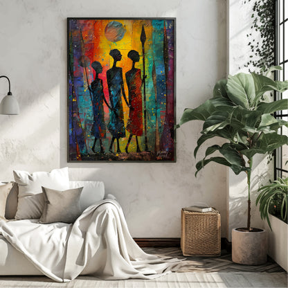 A vibrant and expressive painting depicting three figures walking through a moonlit landscape. The … for living room