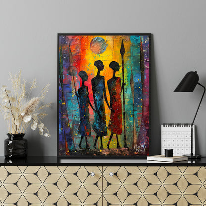 A vibrant and expressive painting depicting three figures walking through a moonlit landscape. The … for office