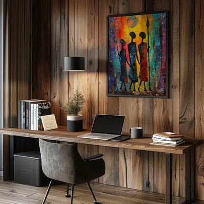 A vibrant and expressive painting depicting three figures walking through a moonlit landscape. The … for office