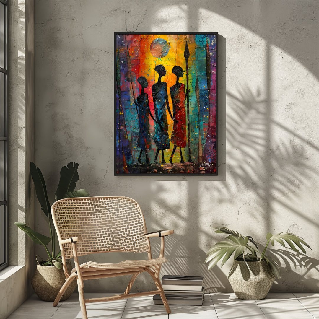 A vibrant and expressive painting depicting three figures walking through a moonlit landscape. The … for other