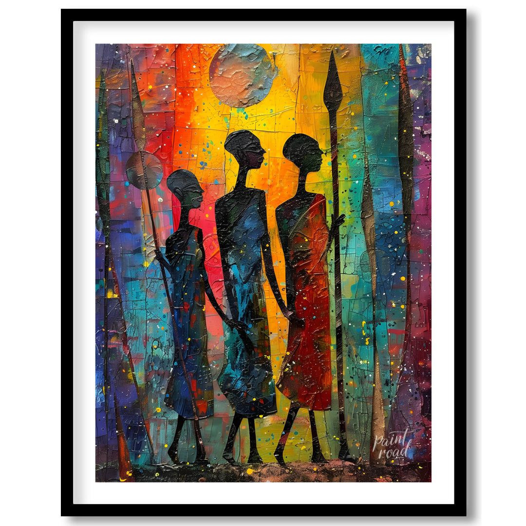 A vibrant and expressive painting depicting three figures walking through a moonlit landscape. The … for room