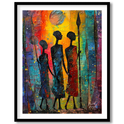 A vibrant and expressive painting depicting three figures walking through a moonlit landscape. The … for room