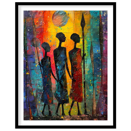A vibrant and expressive painting depicting three figures walking through a moonlit landscape. The … for room