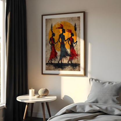 A powerful and evocative artwork depicting three figures walking towards a vibrant sun. The silhoue… for bedroom