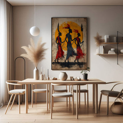 A powerful and evocative artwork depicting three figures walking towards a vibrant sun. The silhoue… for dining room