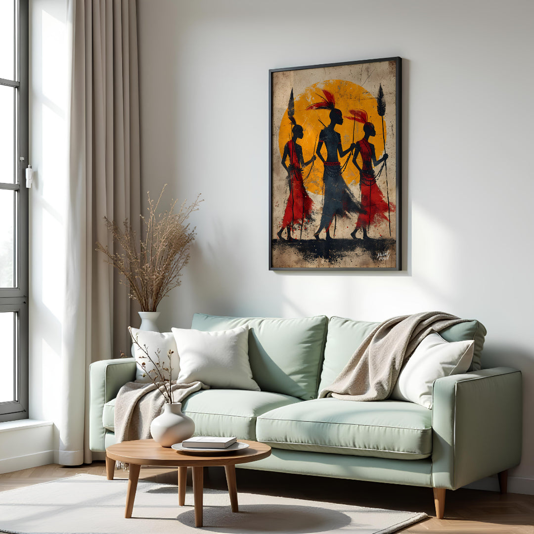 A powerful and evocative artwork depicting three figures walking towards a vibrant sun. The silhoue… for living room
