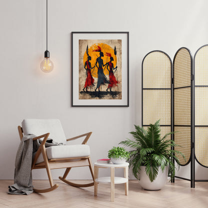 A powerful and evocative artwork depicting three figures walking towards a vibrant sun. The silhoue… for living room