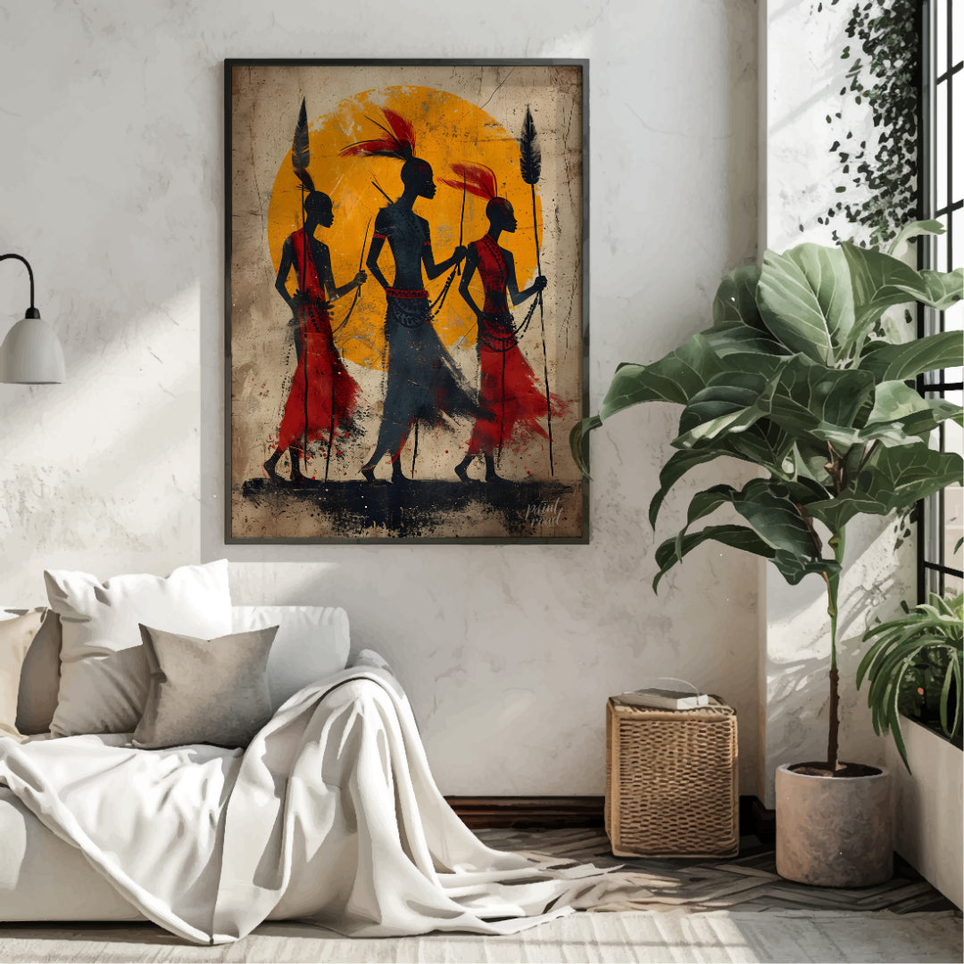 A powerful and evocative artwork depicting three figures walking towards a vibrant sun. The silhoue… for living room