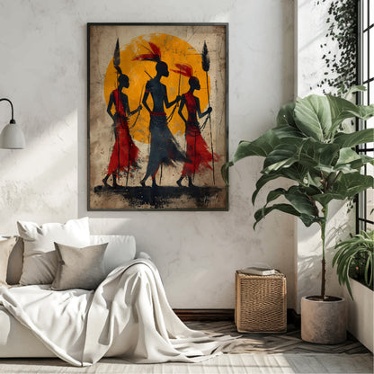 A powerful and evocative artwork depicting three figures walking towards a vibrant sun. The silhoue… for living room