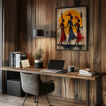 A powerful and evocative artwork depicting three figures walking towards a vibrant sun. The silhoue… for office