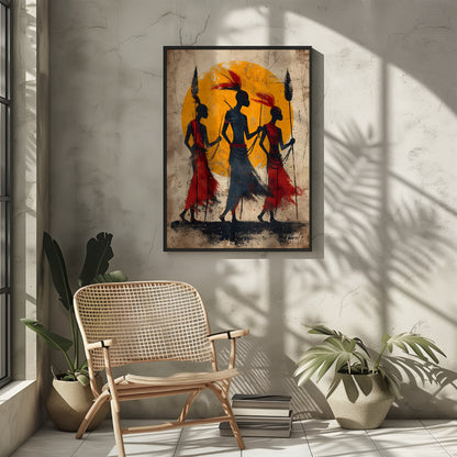 A powerful and evocative artwork depicting three figures walking towards a vibrant sun. The silhoue… for other
